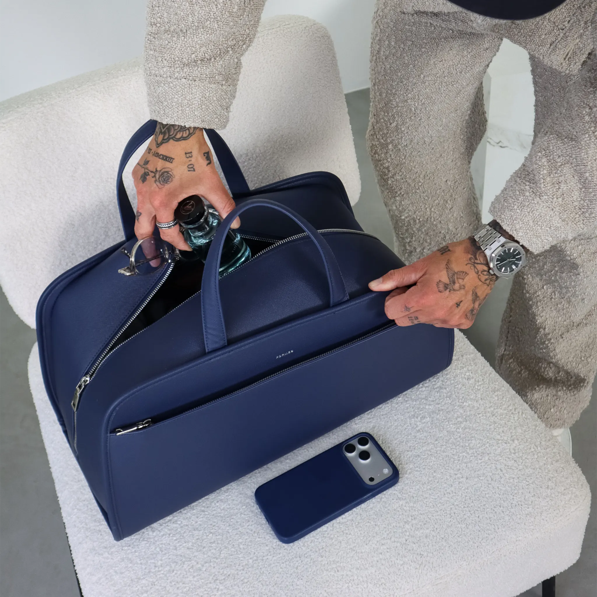 Model Front View of Formes Porto Abyss Duffel Bag